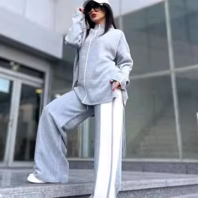 پیراهن و شلوار زنانه نخ پنبه بافت مدل بغل خطدار