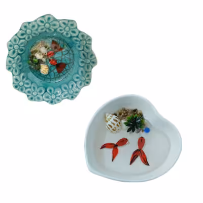 ظرف ماهی هفت سین سرامیکی مدل قلب و دور گل مجموعه 2 عددی