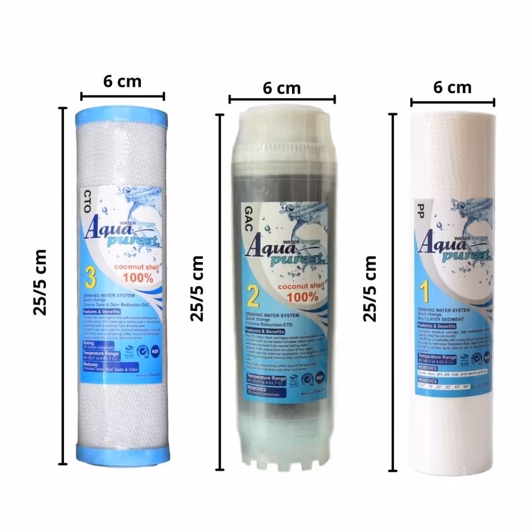 فیلتر دستگاه تصفیه آب آکوا پیورست مدل PVC-03 مجموعه 3 عددی به همراه هوزینگ دستگاه تصفیه کننده آب مدل 10 INCH مجموعه 3 عددی