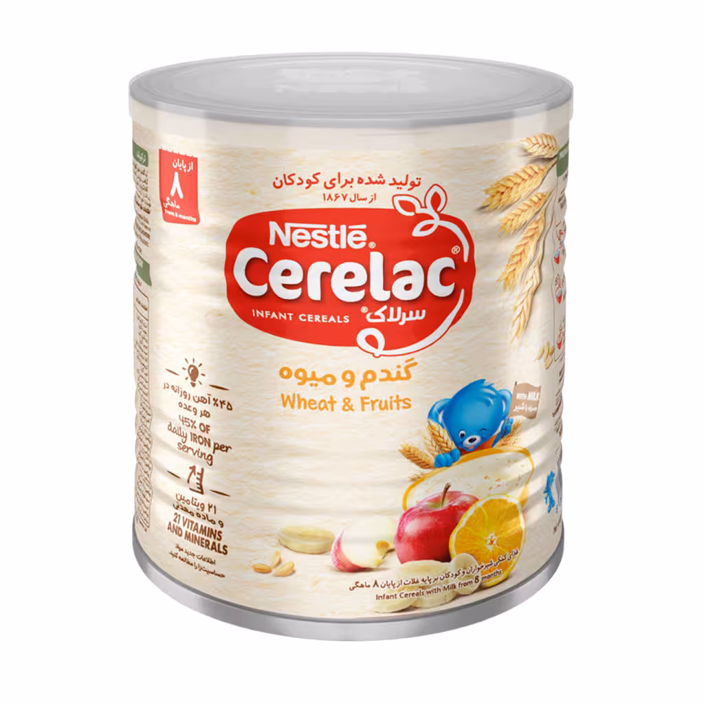 سرلاک گندم و میوه به همراه شیر نستله مناسب کودکان از پایان 8 ماهگی 400 گرم