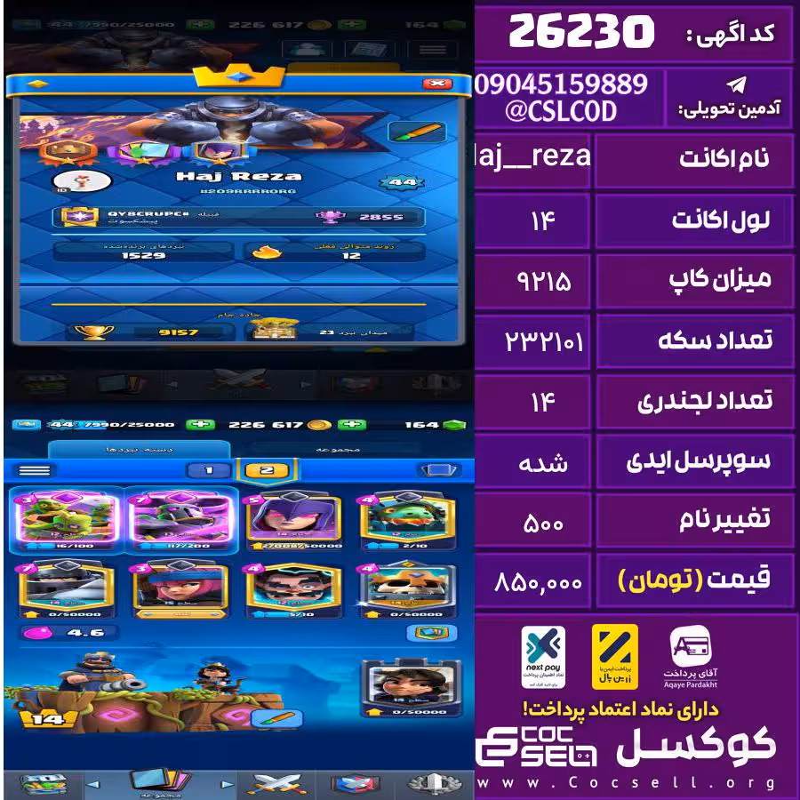 اکانت کلش رویال لول 14 تعداد کارت مکس 5 تعداد جم 268 تغییرنام 500 کد 26230