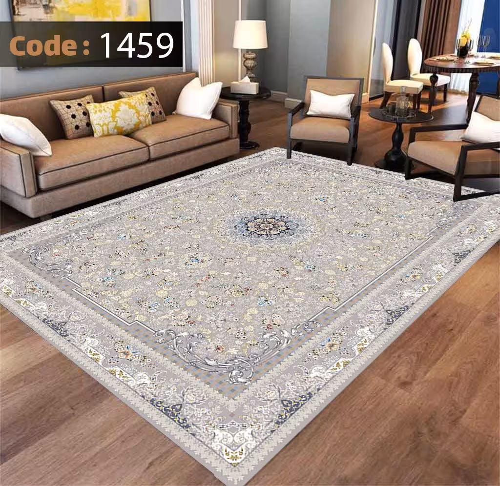 کاورفرش روفرشی دورکشدار گوشه لیفه ای طوسی کرم کد 1459