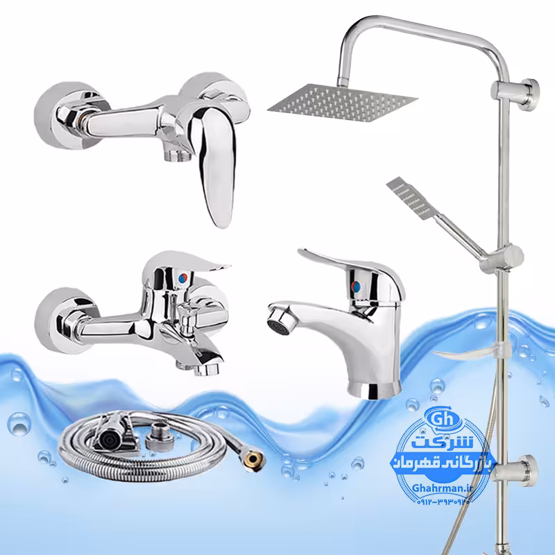 ست 5 عددی شیرآلات برند آیدا صنعت مدل قهرمان | شیر روشویی   ظرفشویی   توالت   حمام   علم دوش صفحه‌استیل | کروم براق