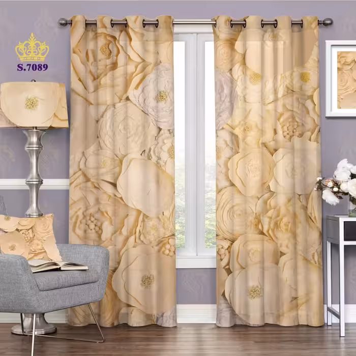 پرده پذیرایی دو قواره پانچ گلدار طرح زمینه گلهای رُز کد S7089