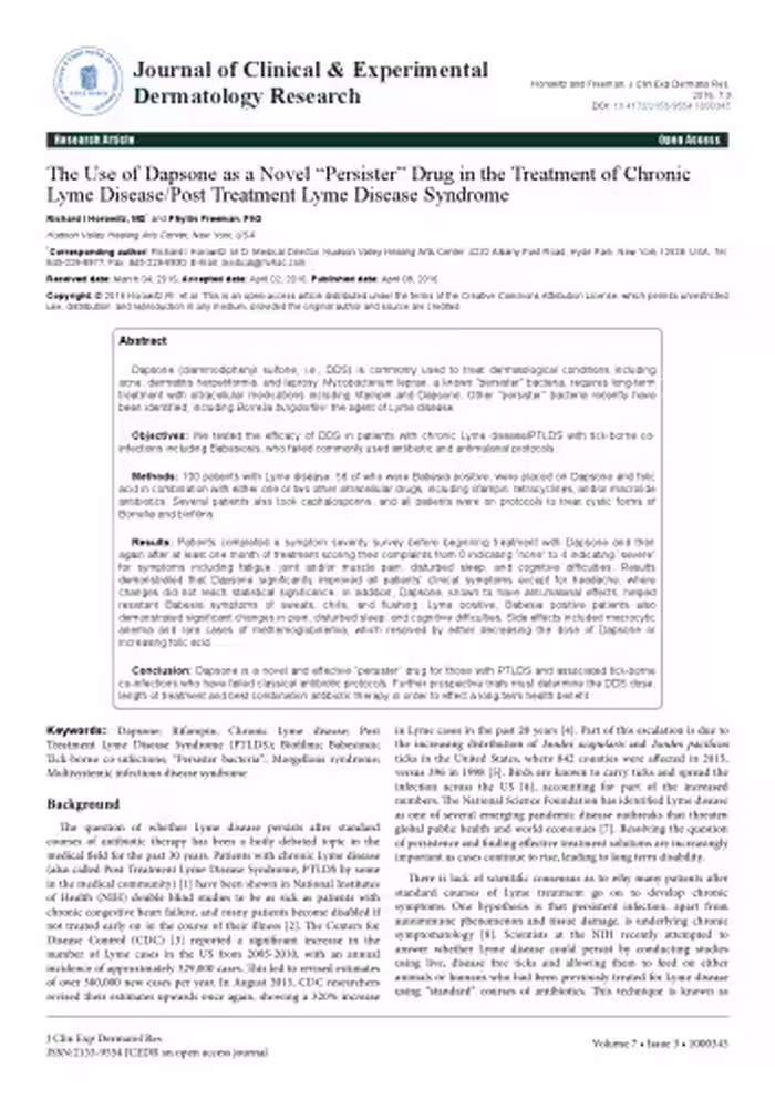 خرید و دانلود نسخه کامل کتاب The Use of Dapsone as a Novel “Persister” Drug in the Treatment of Chronic L yme Disease/Post Treatment Lyme Disease