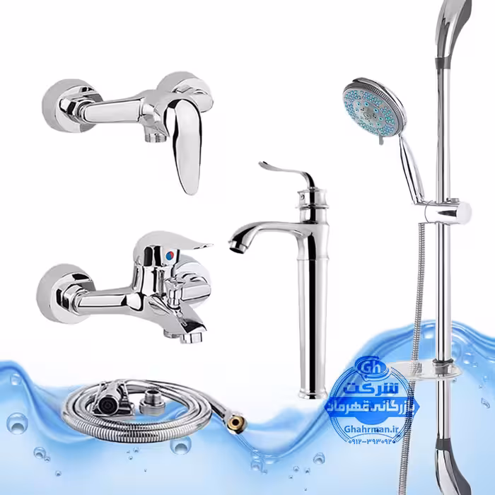 ست 5 عددی شیرآلات برند آیدا صنعت مدل قهرمان | روشویی پایه‌بلند   توالت   حمام   شلنگ   علم یونیکا | کروم براق