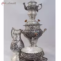 سماور 4 لیتری ذغالی برنجی کد 116 در طرح گل و مرغ با آبکاری نقره و قلم دست، کیفیت اعلاء