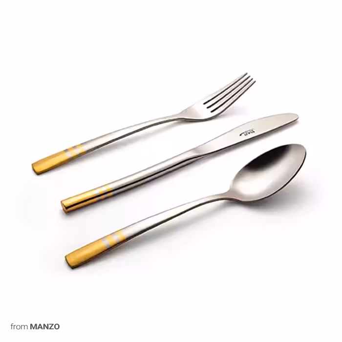 سرویس قاشق و چنگال 136 پارچه ناب استیل مدل فلورانس لبه طلایی