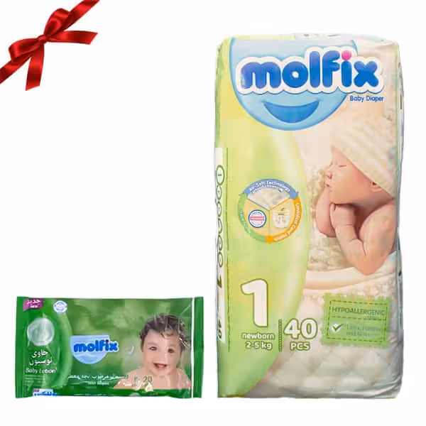 پوشک کودک مولفیکس سایز 1 بسته 40 عددی هدیه دستمال مرطوب