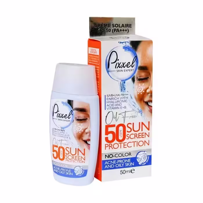 کرم ضدآفتاب 50 SPF بی رنگ پوست چرب و جوشدار پیکسل 50 میلی لیتر Pixxel