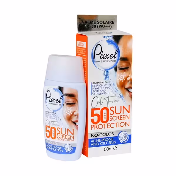 کرم ضدآفتاب 50 SPF بی رنگ پوست چرب و جوشدار پیکسل 50 میلی لیتر Pixxel