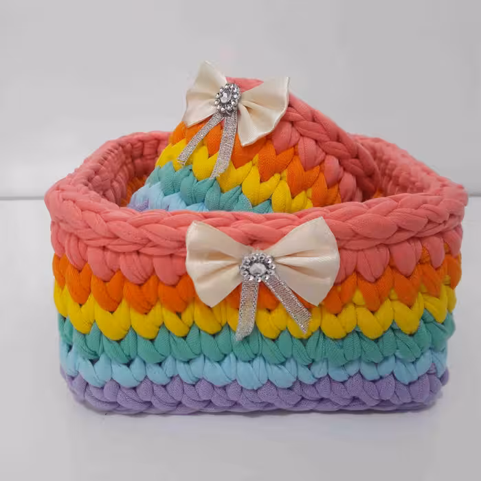 سبد قلاب بافی تریکو مدل رنگین کمانی کد 03 مجموعه 2 عددی