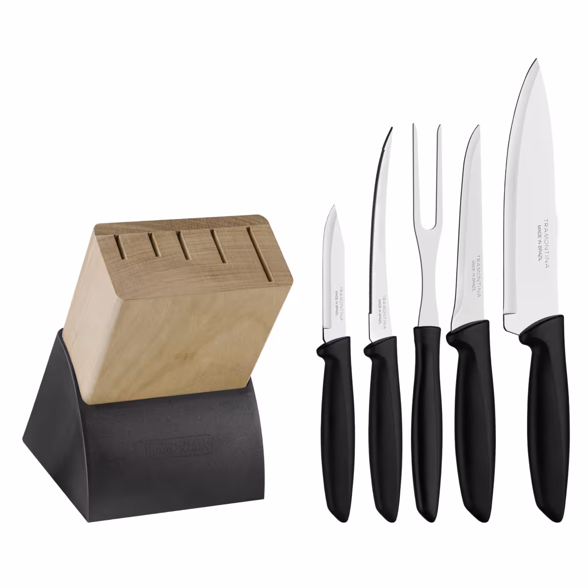 ست 6 عددی چاقو آشپزخانه ترامونتینا سری Plenus مدل 23498028Tramontina Plenus 6-Piece Kitchen Knife Set with Stainless Steel Blades, Black Polypropylene Handles, and Wooden Block