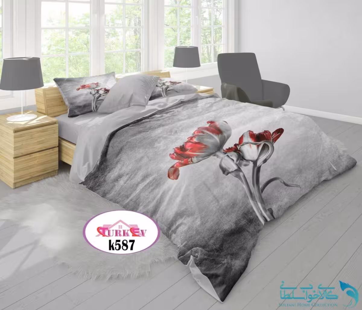 روتختی طرح گلدار طوسی دونفره برند Turkev کد K587