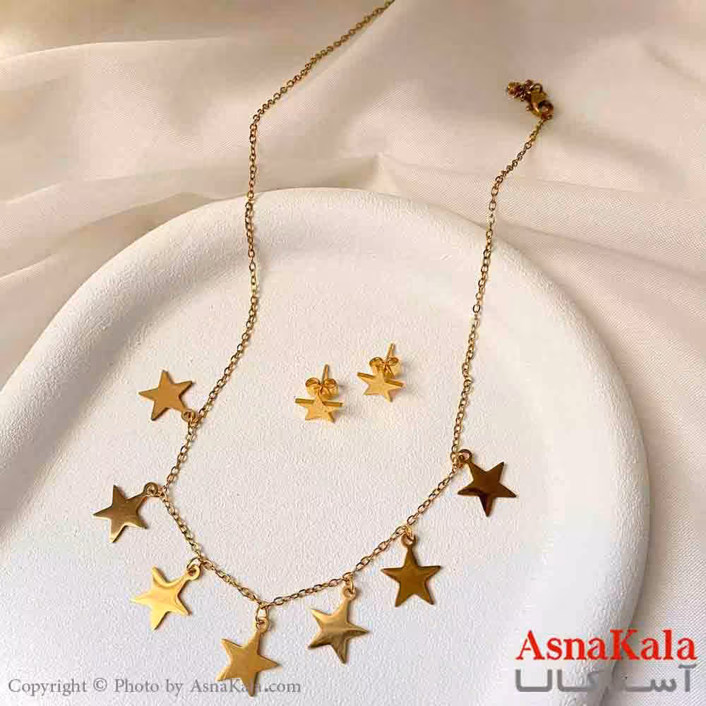 نیم ست زنانه شامل گردنبند و گوشواره استیل مدل ستاره توپر رنگ طلایی کد NIM14929W