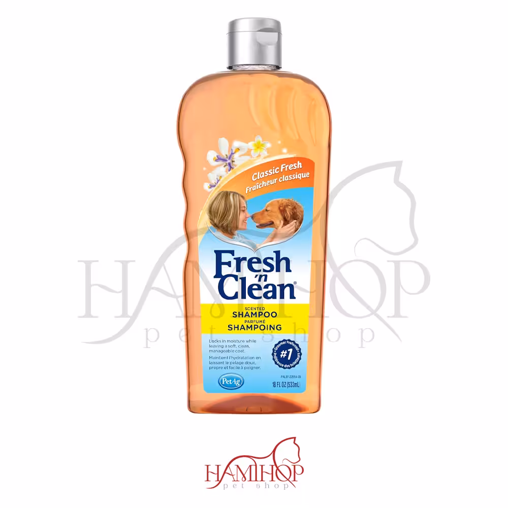 شامپوی سگ معطر Pet-Ag Fresh 'n Clean، رایحه کلاسیک و تازه 533میل مرطوب کننده با ویتامین E و آلوئه ورا  تقویت کننده و ترمیم کننده پوشش خارجی بدون صابون    Pet Ag Fresh ’n Clean Scented Shampoo, Classic Fresh Scent Moisturizes with Vitamin E & Aloe Vera Strengthens & Repairs Coats Soap Fr