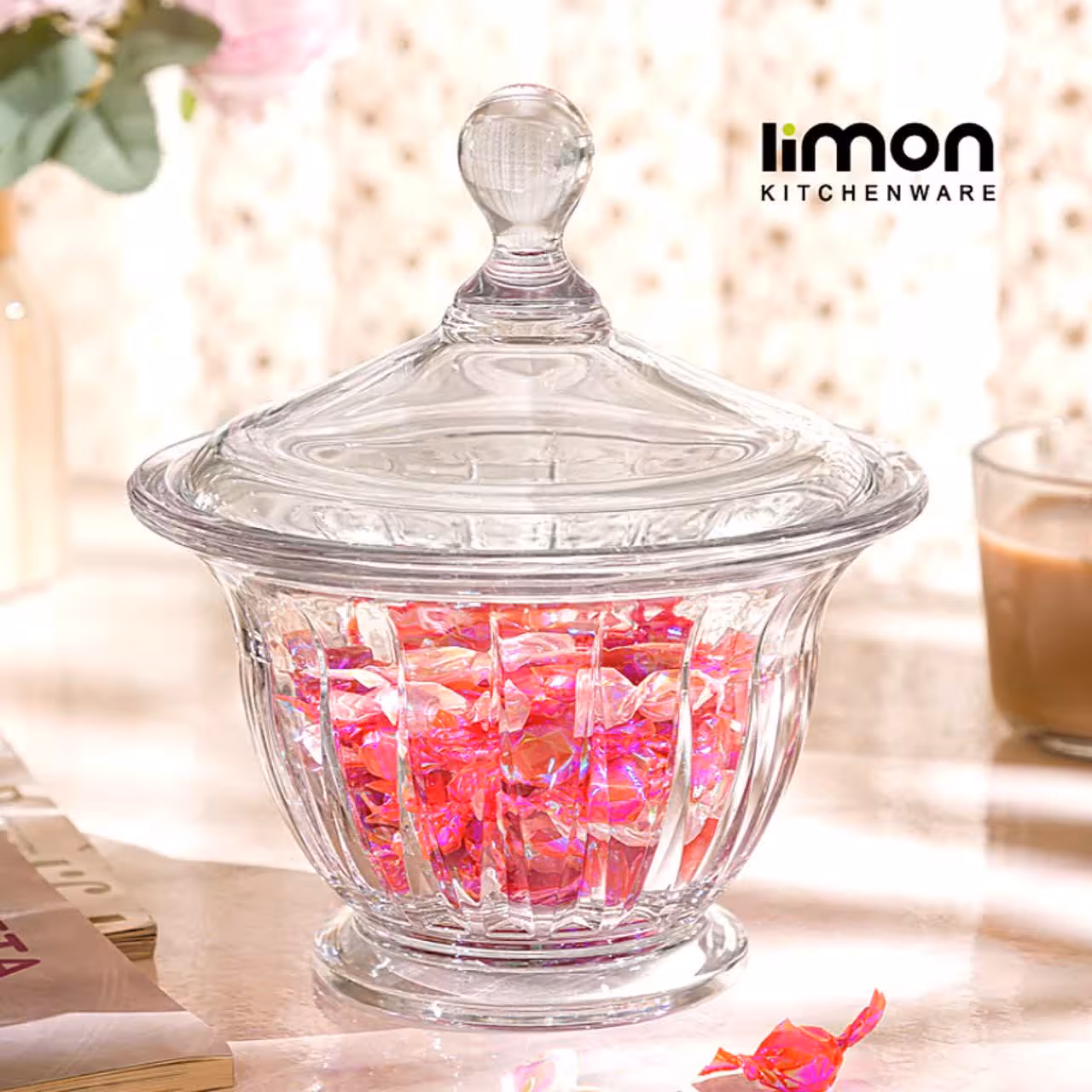 شکلات خوری گرد شیشه ای شیاردار لیمون