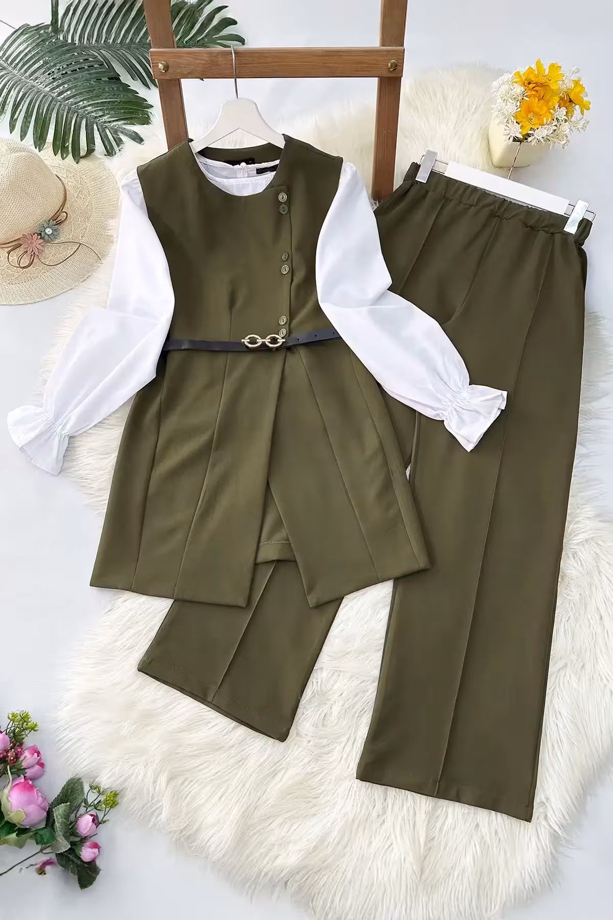 ست جلیقه، شلوار و کمربند - خاکی - 9858