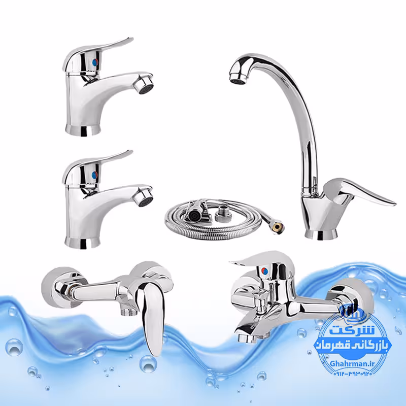 ست 6 عددی شیرآلات مدل قهرمان | شیر ظرفشویی   2 عدد روشویی   حمام   توالت   شلنگ توالت | کروم براق