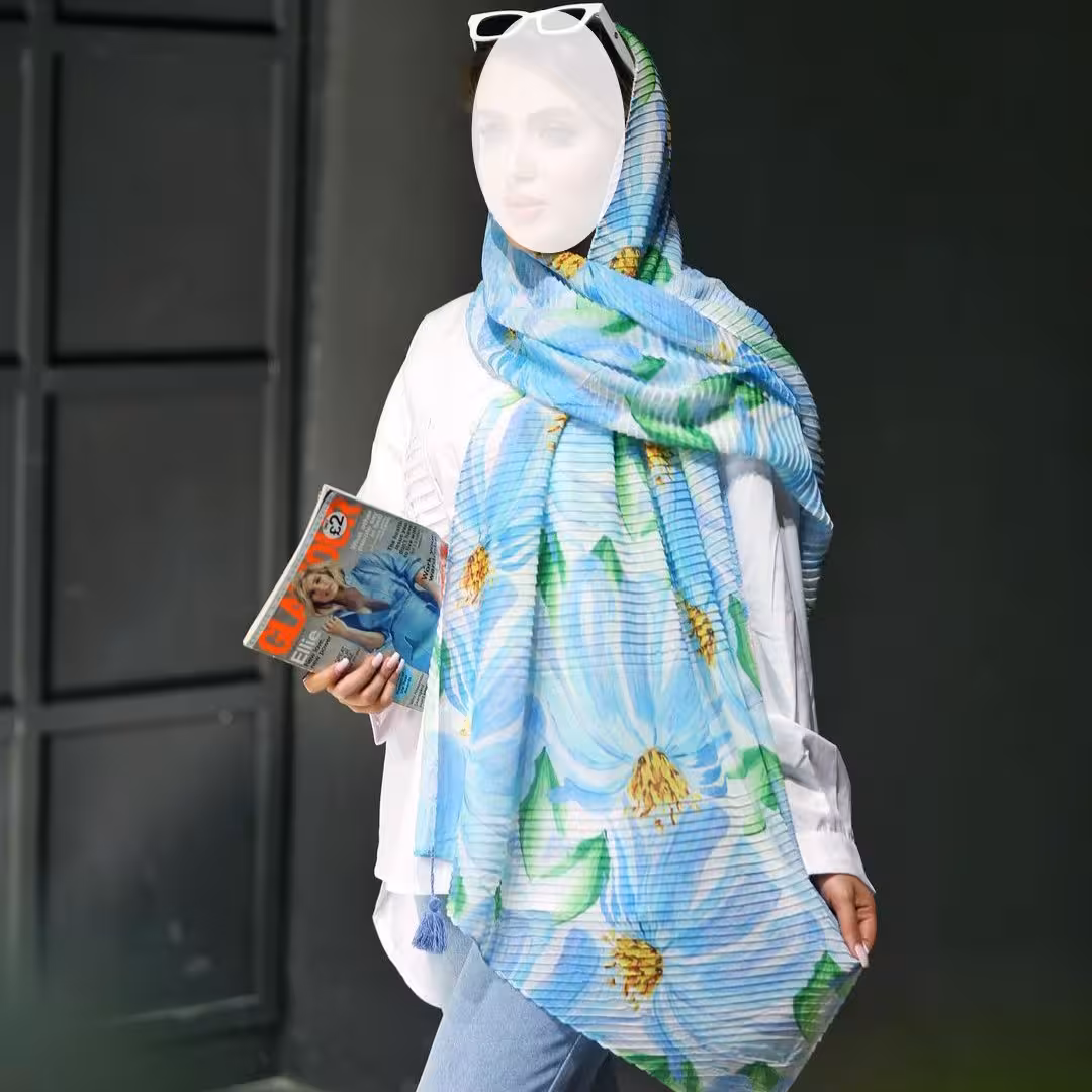 شال پلیسه تابستانی نخی طرح گل آبی