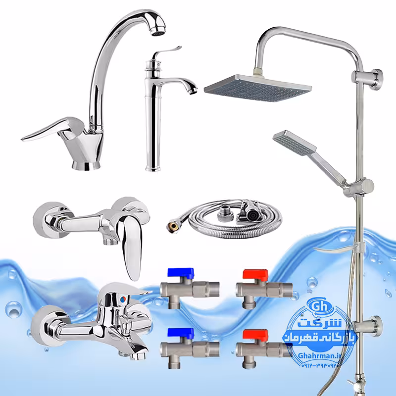 ست 10 عددی شیرآلات برند آیدا صنعت مدل قهرمان اردکی | شیر ظرفشویی   شیر روشویی پایه‌بلند   شیر حمام   شیر توالت   علم دوش یونیورست رسوب‌گیر   شلنگ توالت   چهار عدد شیر پیسوار | کروم براق