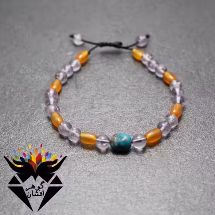 دستبند عقیق یمنی اصل با مهره های آمتیست و فیروزه نیشابوری کد D_1006B