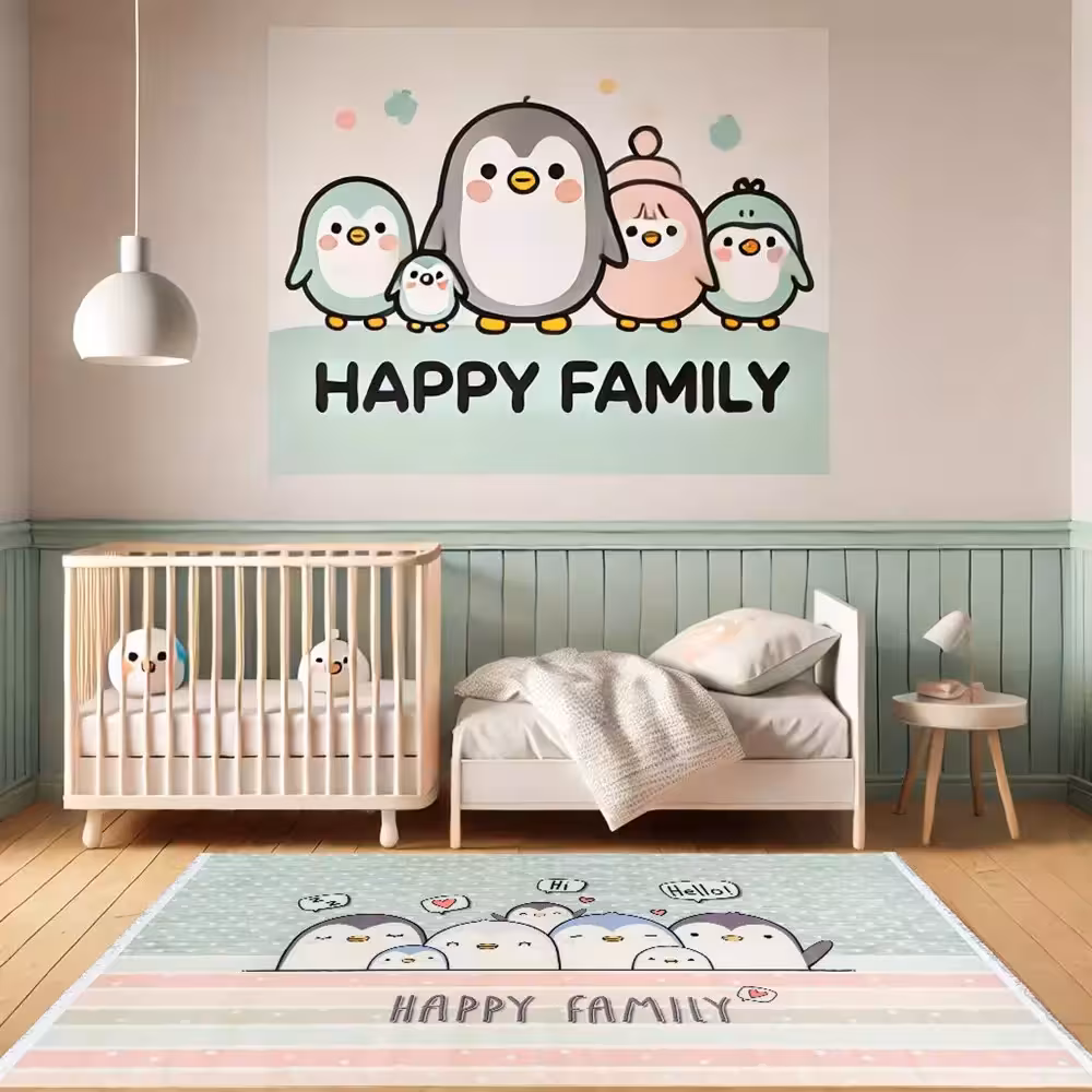 فرش کودک طرح پنگوئن ها کد 25KM0170 سبز 700 شانه