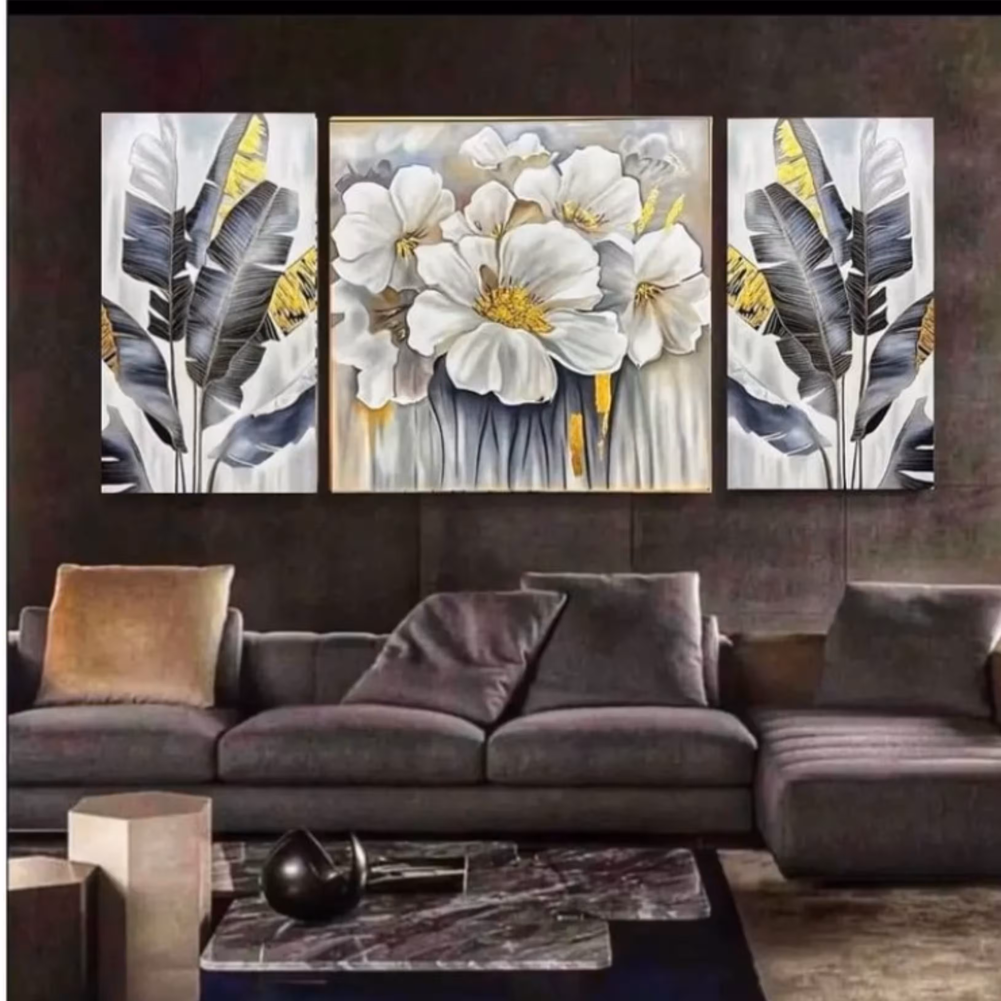 تابلو دکوراتیو گل و برگ ابعاد مجموع کار 120در 60 