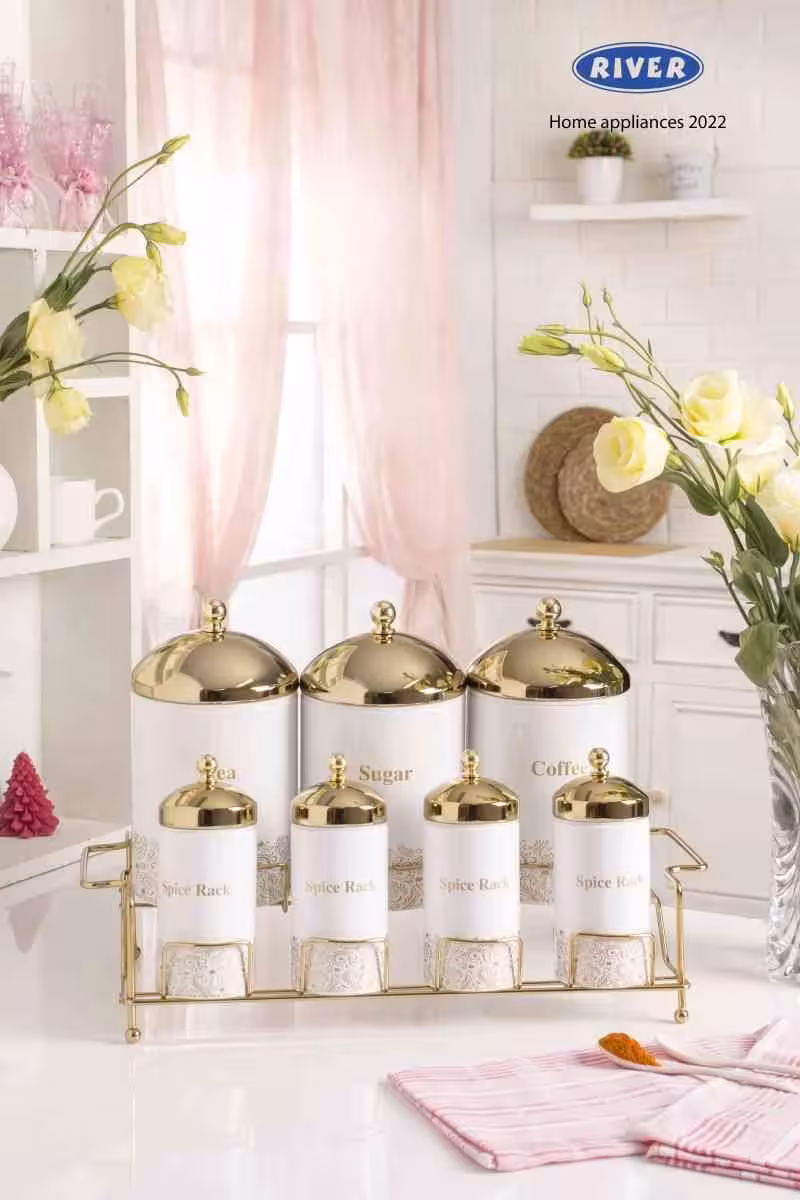 سرویس ادویه و پاسماوری 8 پارچه سفید درب طلا استند طلا ریور کد 8231