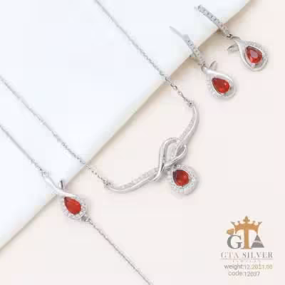 سرویس جواهری نقره زنانه با نگین یاقوت قرمز عیار 925 کد 12037