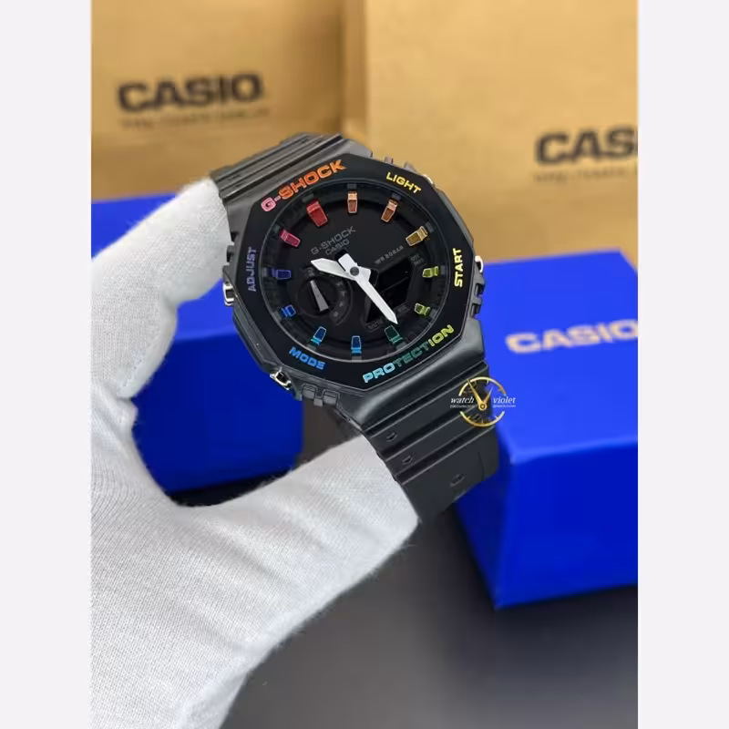 ساعت جیشاک کاسیو GA2100 صفحه مشکی بند مشکی ایندکس رنگین کمانی