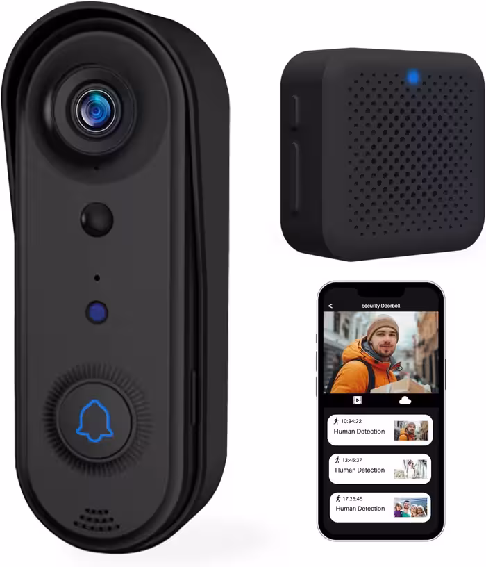 دوربین بی‌سیم ویدیویی زنگ در Eaula Videns با زنگ داخلی، مکالمه دو طرفه، دید در شب HD، تشخیص انسان و هشدار بی‌درنگ