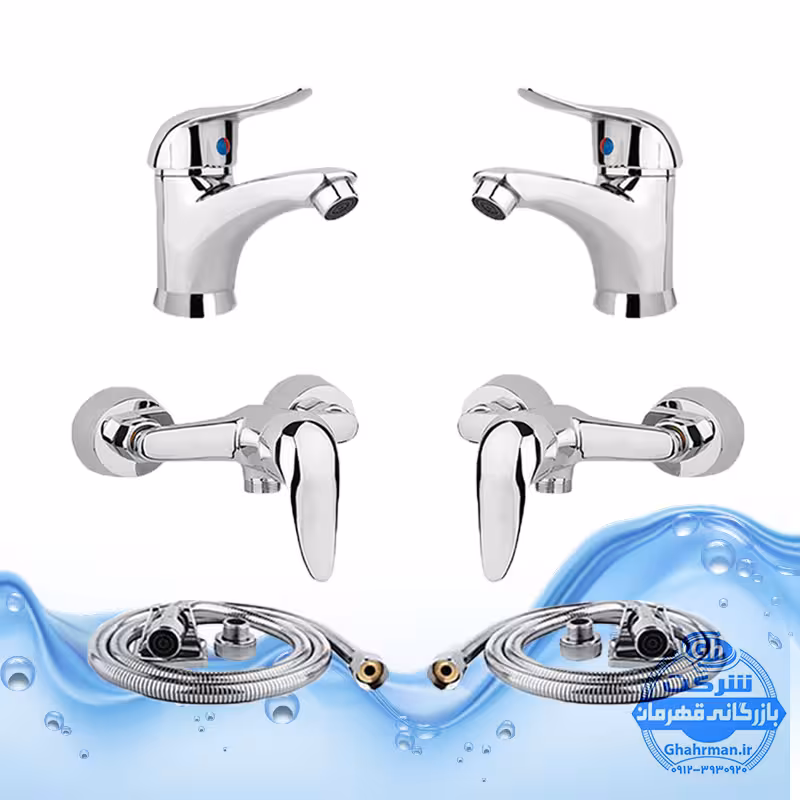 ست 6 عددی شیرآلات مدل قهرمان | 2 عدد شیر روشویی   2 عدد شیر توالت   2 عدد شلنگ توالت | کروم براق