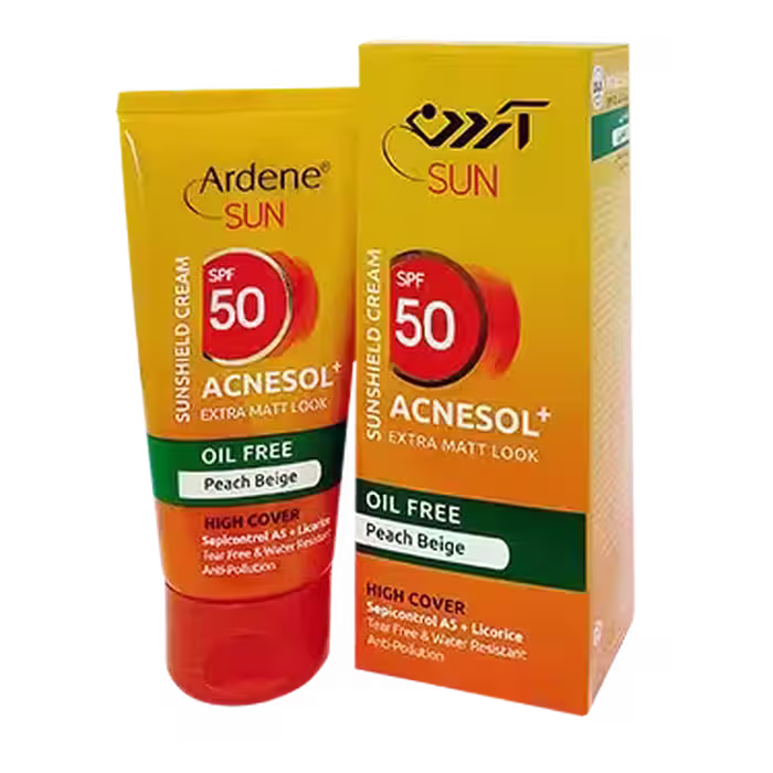 کرم ضد آفتاب SPF50 مات کننده فاقد چربی رنگی بژ هلویی 50 گرمی آردن