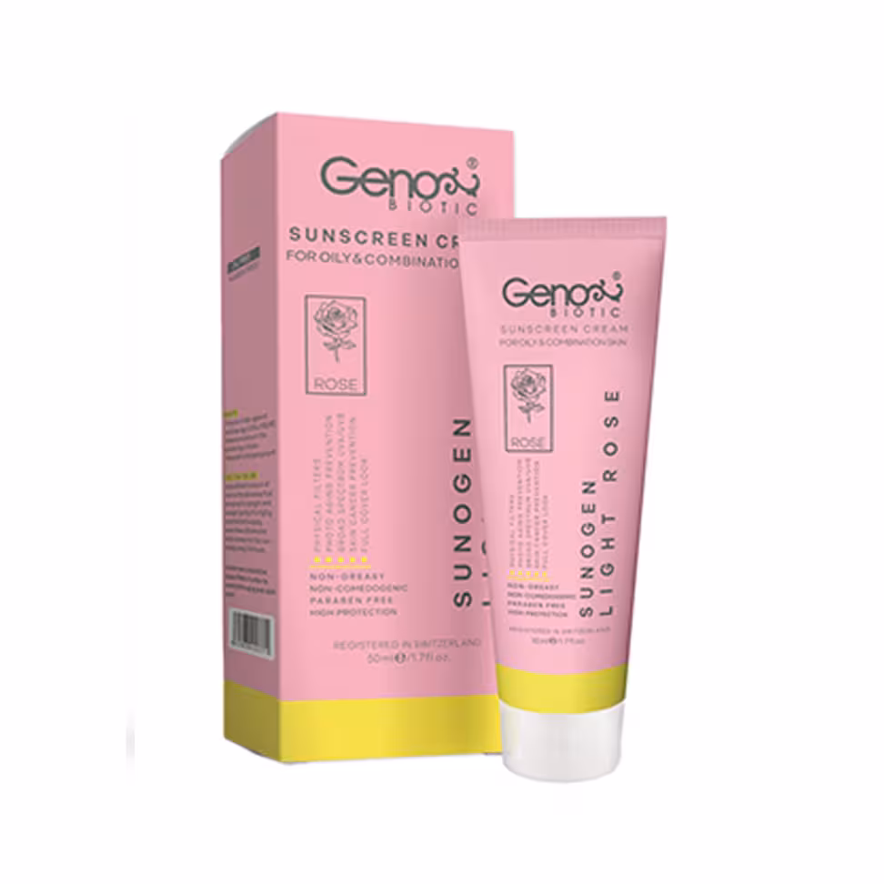 کرم ضد آفتاب ژنوبایوتیک مدل SPF 50 سانوژن مناسب پوست های چرب ( رز روشن )