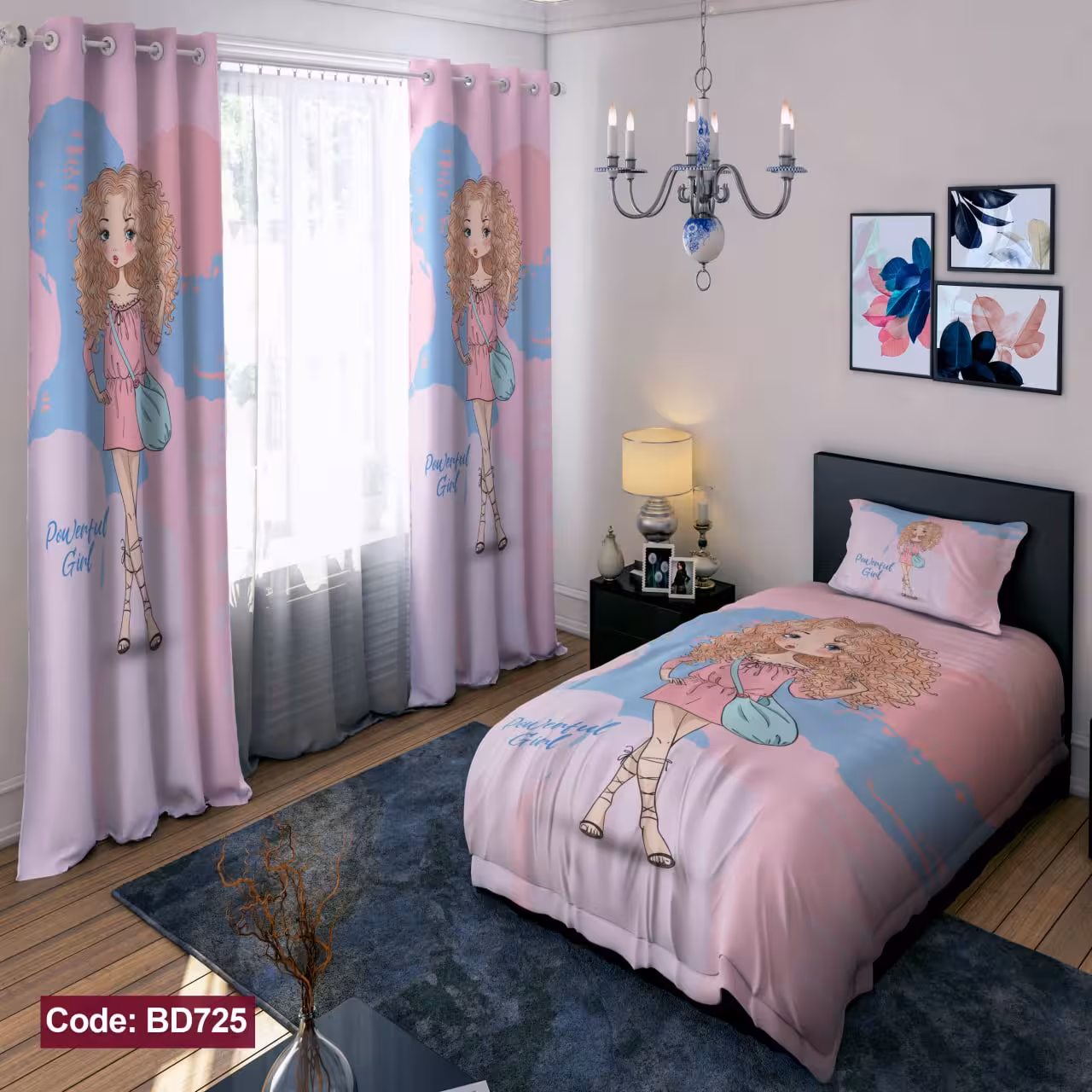 پرده پانچی مخمل چاپی دخترانه کد 725