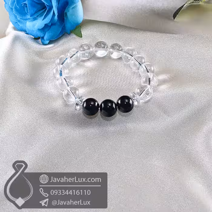 دستبند سنگ کریستال کوارتز و عقیق سیاه _ کد : 400669