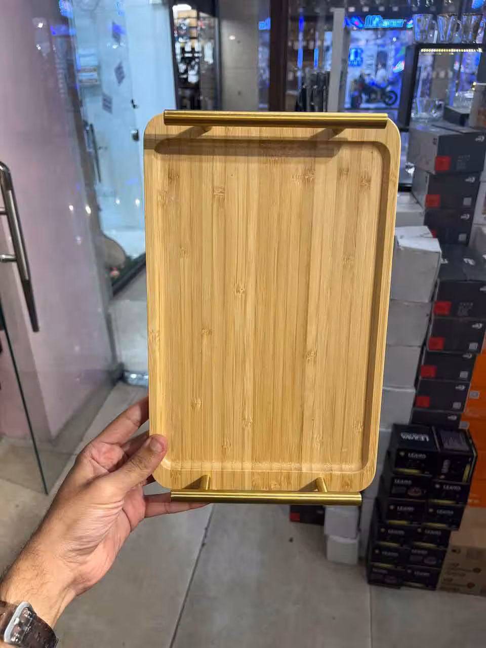 سینی بامبو مستطیل دسته فلزی کوچک