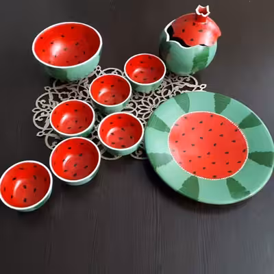 ست 9 تکه ظروف پذیرایی سفالی طرح هندوانه کد 00090