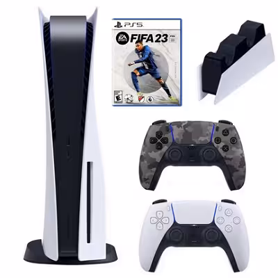 کنسول بازی سونی مدل PlayStation 5 ظرفیت 825 گیگابایت ریجن 1200 آسیا به همراه دسته اضافی و پایه شارژر و بازی FIFA 23