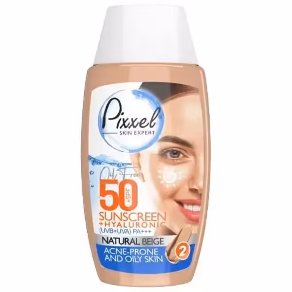 کرم ضدآفتاب پیکسل SPF50 رنگ بژ طبیعی مناسب پوست‌ چرب و جوش‌دار حجم 50 میلی لیتر