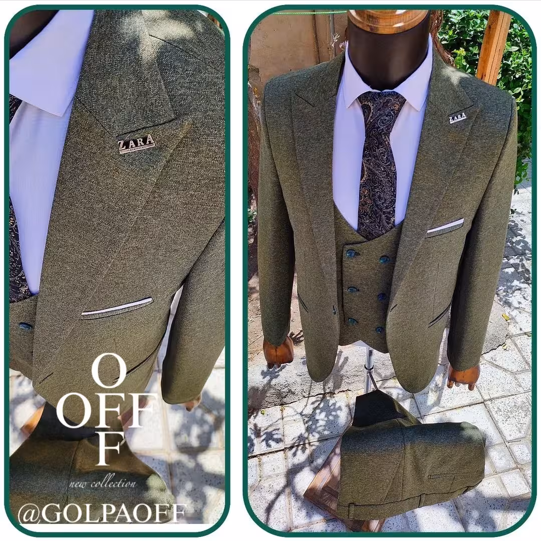 کت و شلوار مردانه  اسپرت با جلیقه رنگ سبز سدری   اندامی سایز 44 تا 54 کش ارسال رایگان کراوات رایگان
