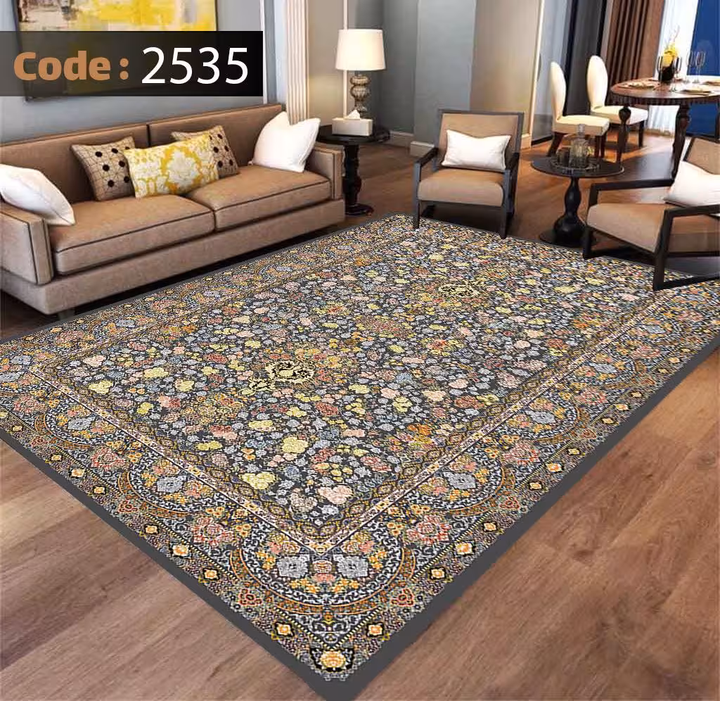 کاورفرش روفرشی دورکشدار گوشه لیفه ای طوسی کرم کد 2535