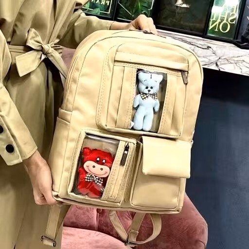 کوله پینترستی کیف مدرسه ای و کودکستان و مهد کودک بزرگ جادار همراه عروسک خرس فانتزی کیوت تلقی تدی کوله تلقی شفاف 