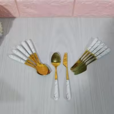 کاردکره خوری و قاشق مرباخوری دسته سرامیک طلایی ماربل