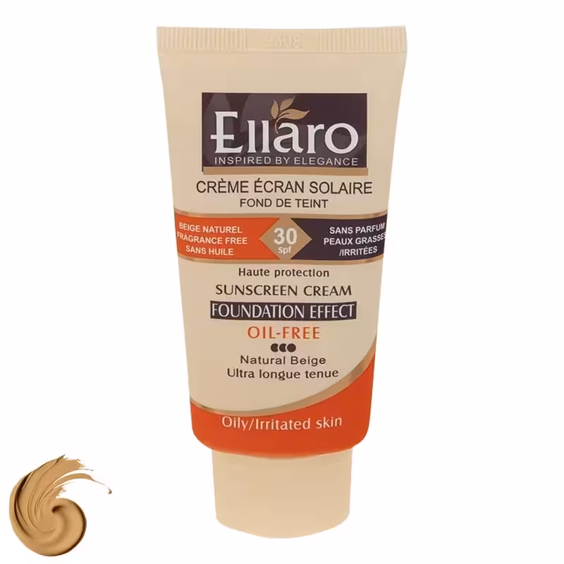 کرم ضد آفتاب رنگی الارو SPF30 سری Foundation Effect مدل Natural Beige محافظ UVB، مناسب پوستهای چرب و حساس تحت لیسانس حج