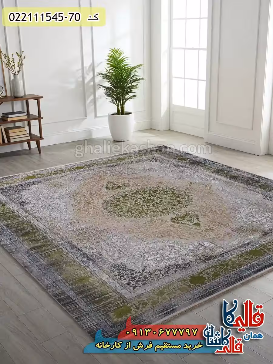 فرش طلاکوب وینتیج 1500 شانه طرح فرید زمینه یاسی حاشیه سبز گل برجسته کاشان