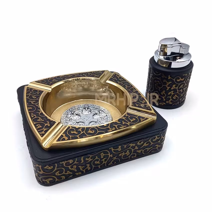 ست فندک اتمی و زیرسیگاری مدل اسلیمی مشکی طلایی کد a220036