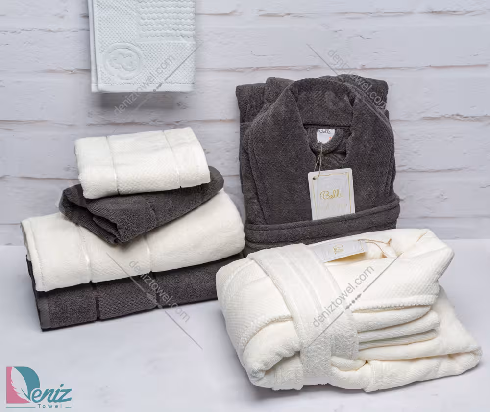 حوله ست دو نفره طرح ماکرو رنگ شیری و ذغالی