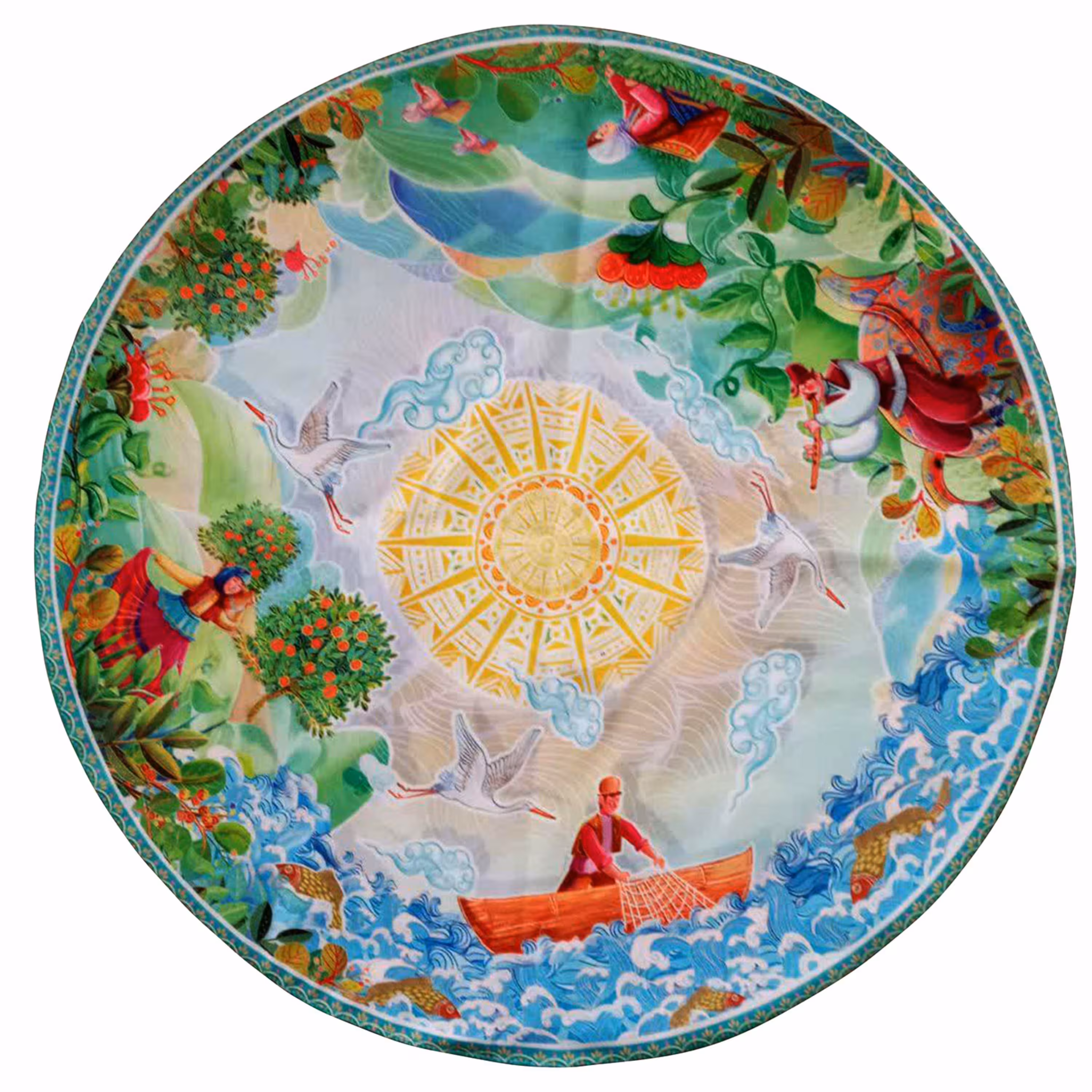 101201-رومیزی گرد گیلان جنس پارچه مخمل رنگ سبز چاپ سابلیمیشن